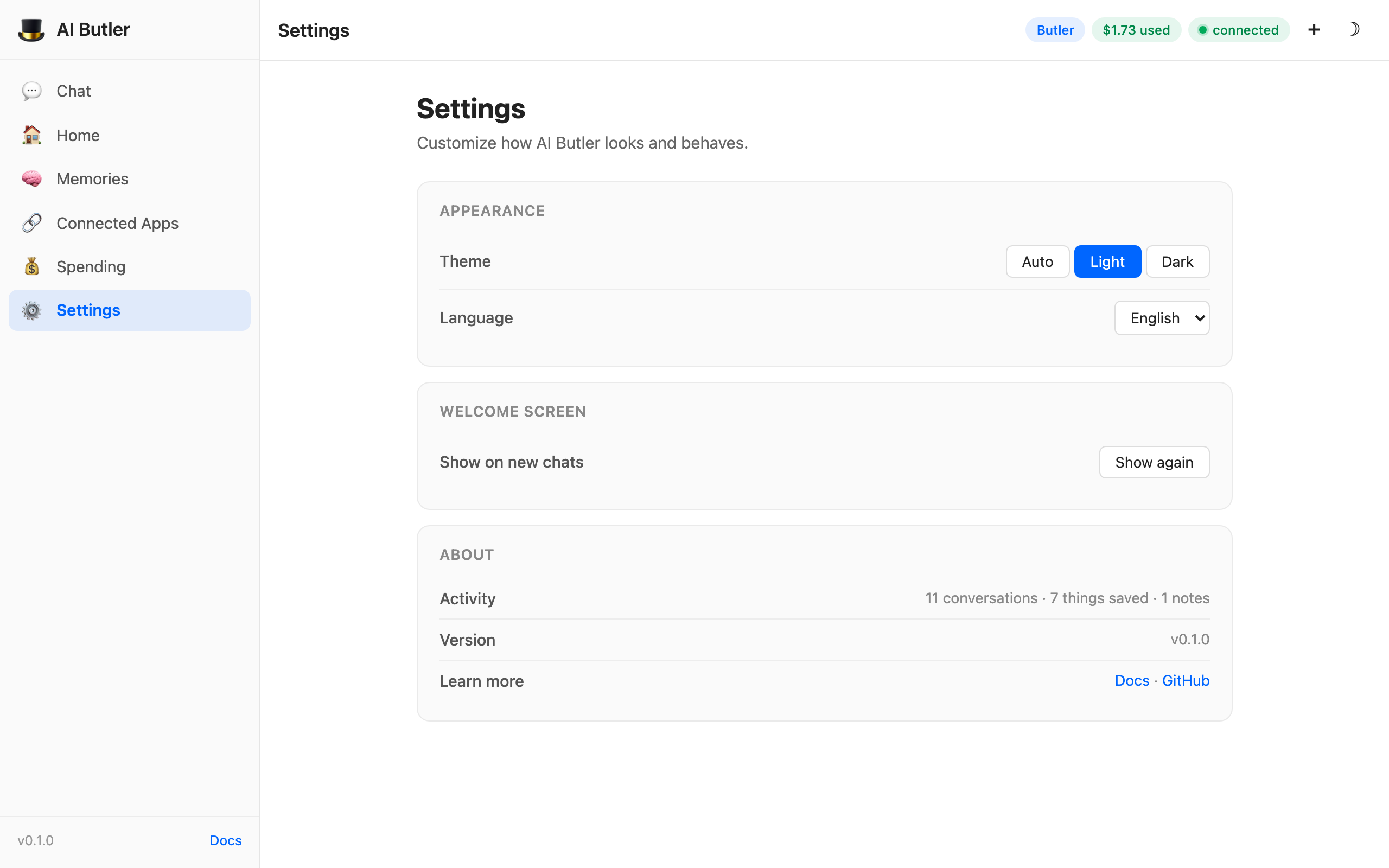 AI Butler Settings panel with theme, language, activity, and about sections