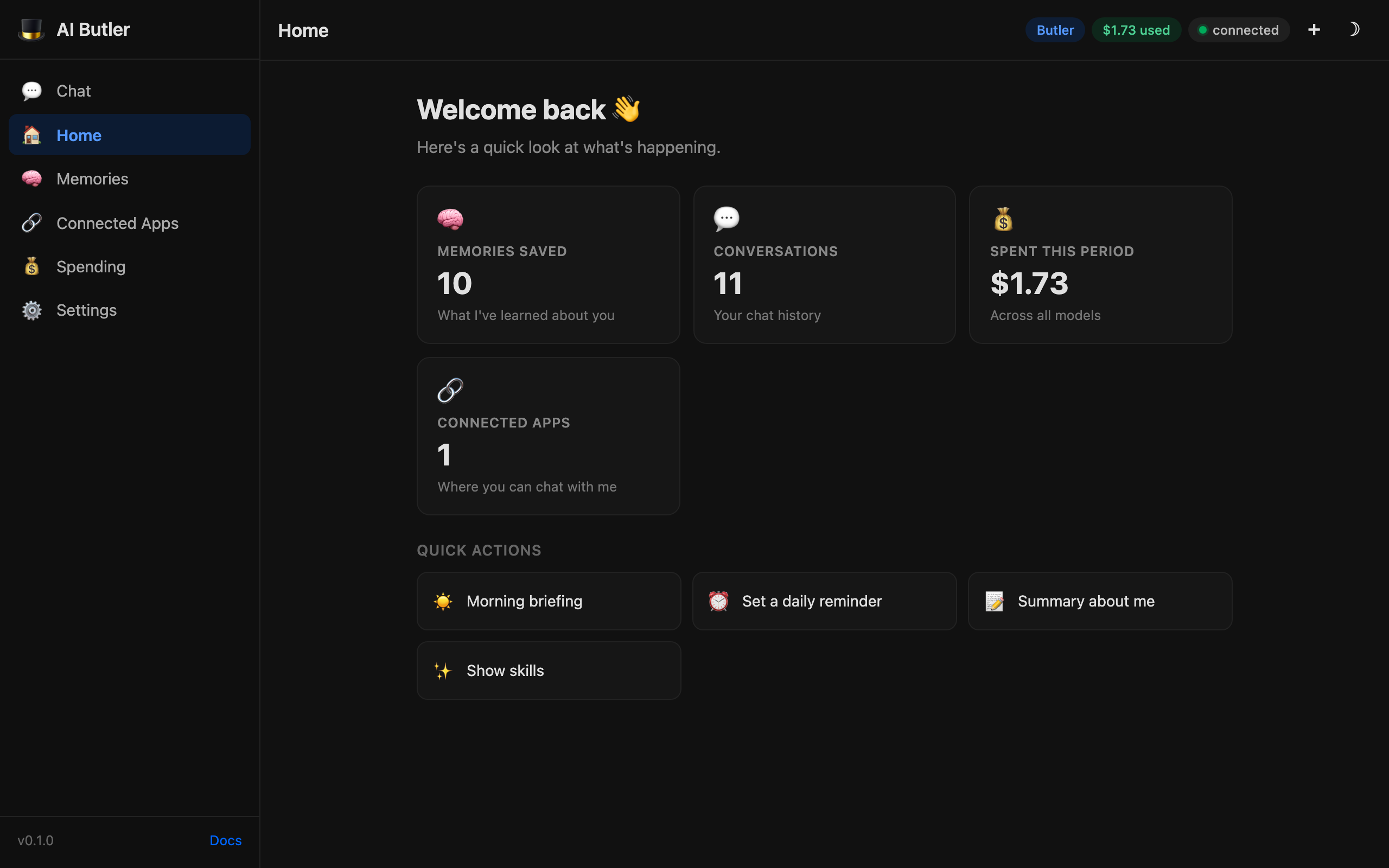 AI Butler Home dashboard in dark mode