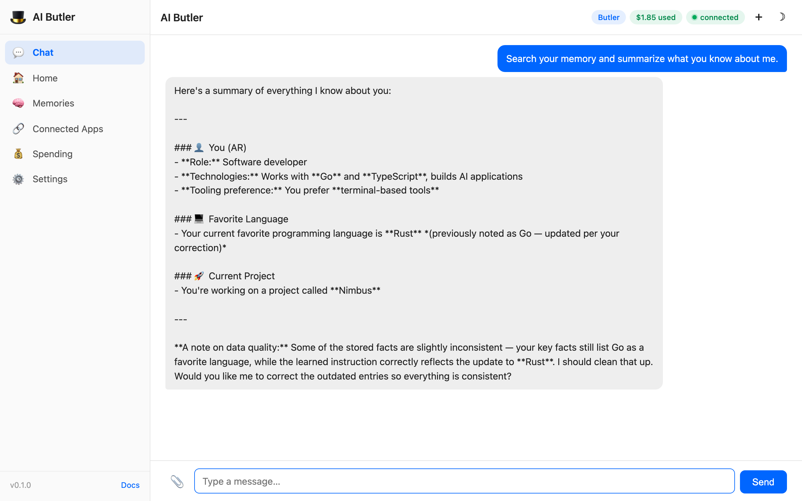 AI Butler chat response summarizing memories about the user
