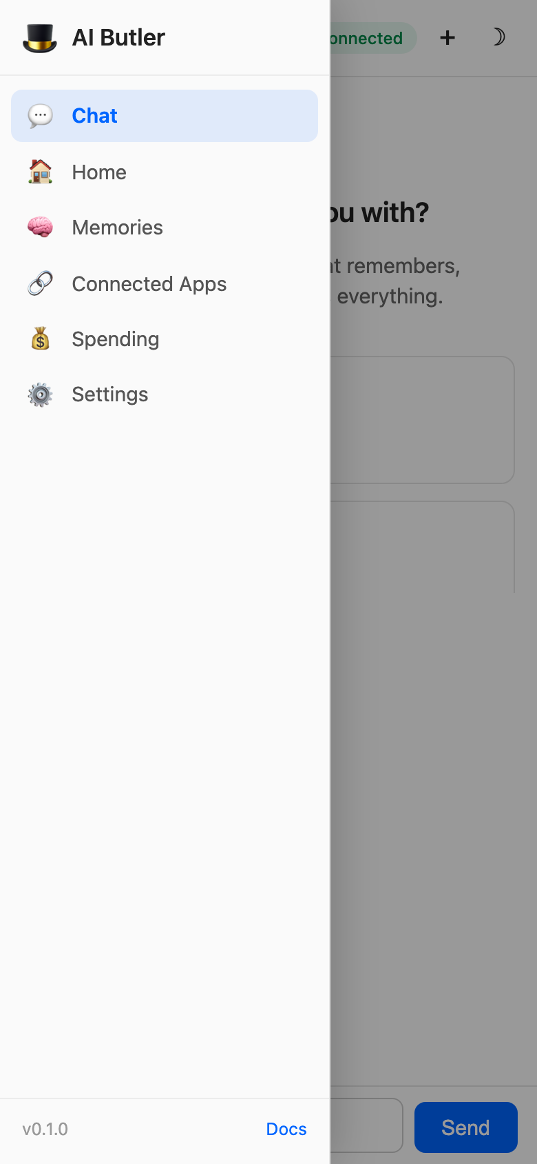 AI Butler mobile view with sidebar drawer open