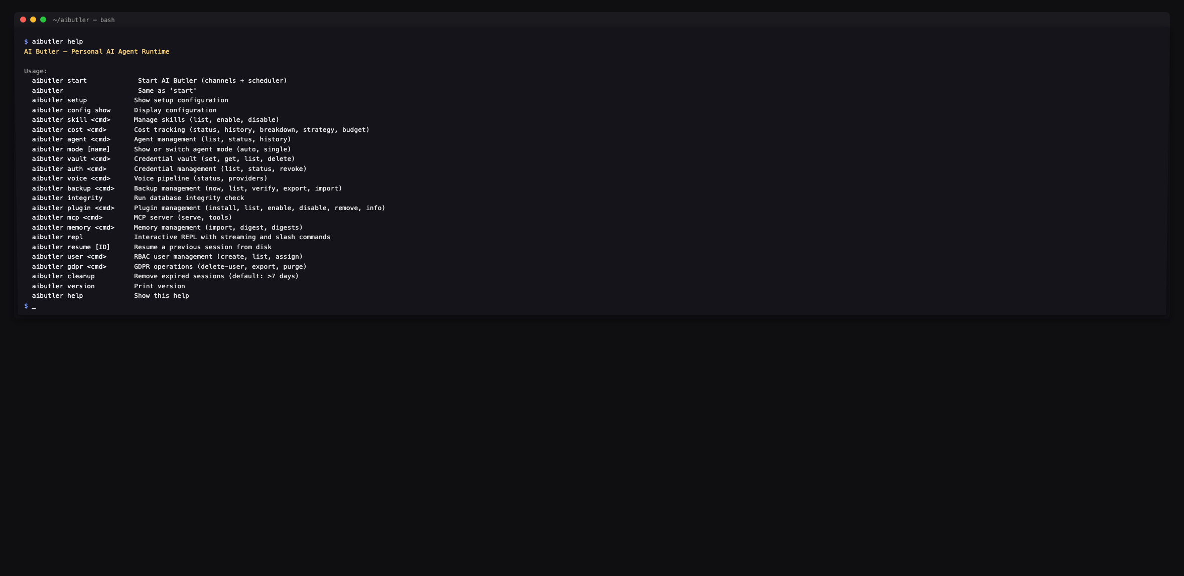 aibutler help — full command listing