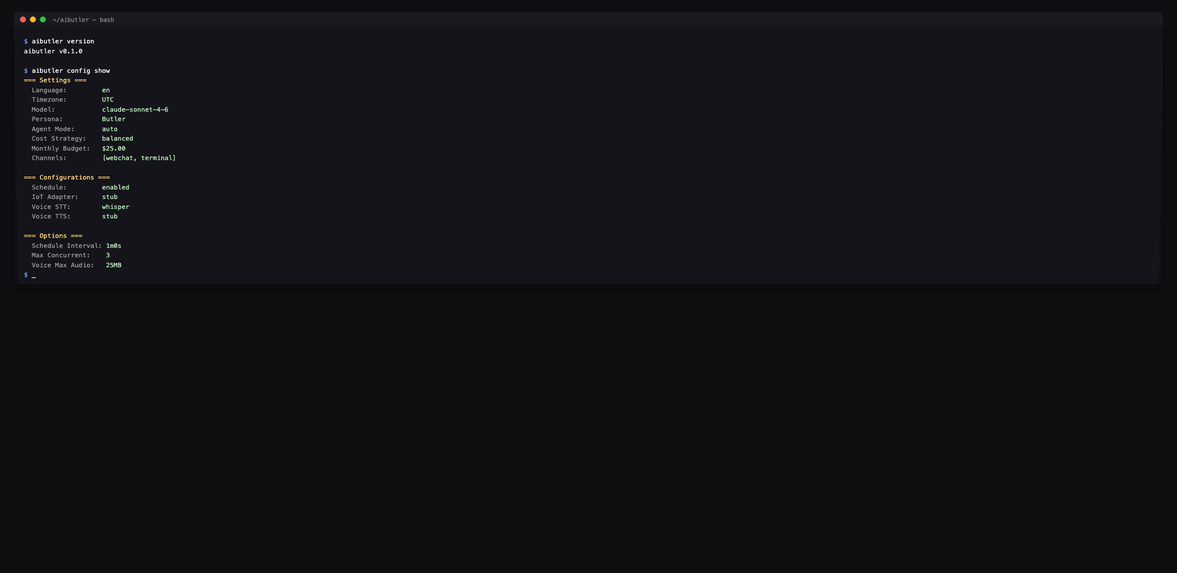 aibutler version + aibutler config show