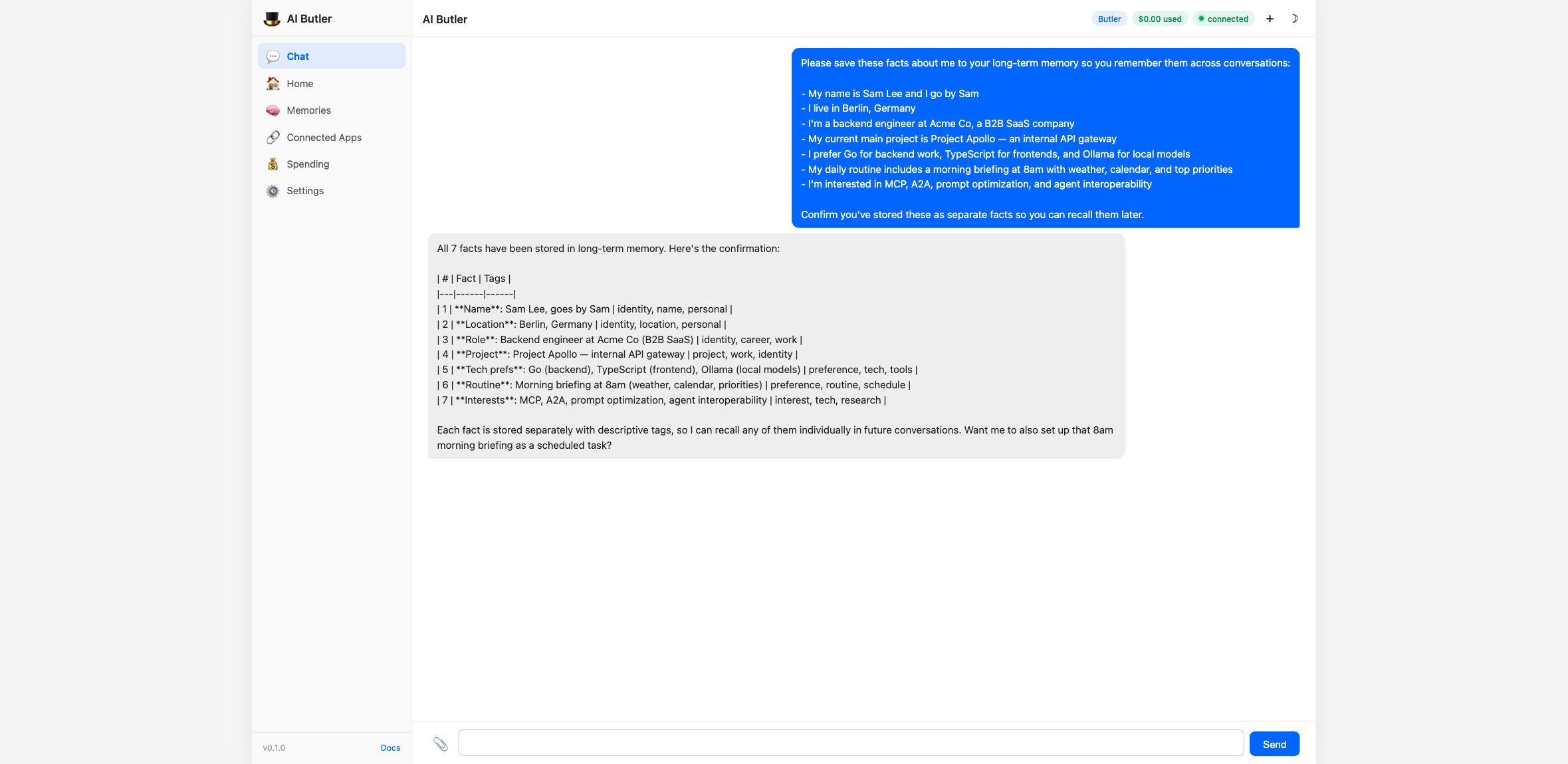 AI Butler web chat showing the agent confirming 7 stored facts in a table with each fact, its category, and which memory layer holds it (Knowledge Graph + Instruction), plus an explanation of the two-layer memory system