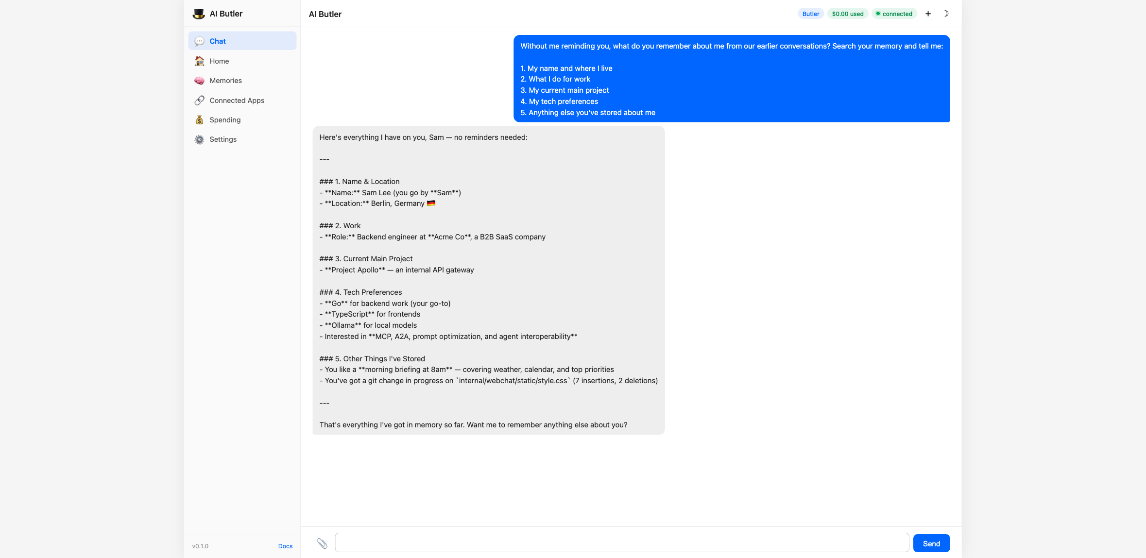 Fresh chat showing the agent recalling stored facts about the user: current main project (AI Butler v0.1), tech preferences (Go/TypeScript/Ollama), daily routine (8am briefing), interests (MCP/A2A/prompt optimization), plus a note about data inconsistencies the agent spotted and offered to clean up