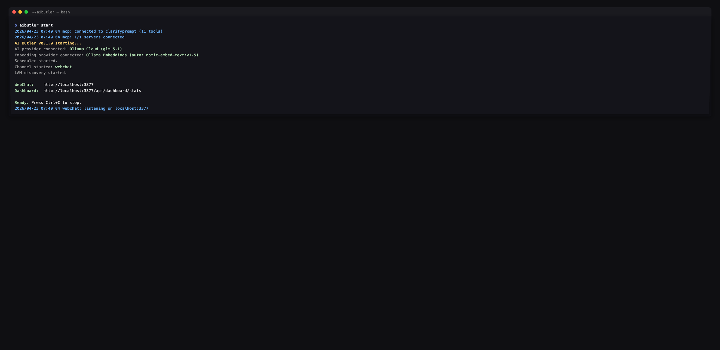 AI Butler boot log: mcp: connected to clarifyprompt (11 tools), 1/1 servers connected, then the standard "Ready" line