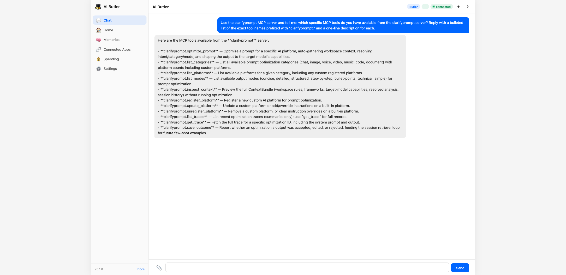 Agent enumerates all 11 clarifyprompt tools — optimize_prompt, inspect_context, list_categories, list_platforms, list_modes, register_platform, update_platform, unregister_platform, list_traces, get_trace, save_outcome — each with a one-line description