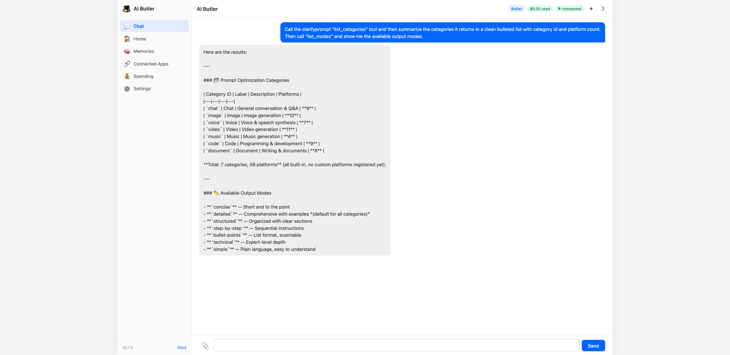 list_categories table (image, code, document, audio, video, chat, dev_assistant) with platform counts; list_modes output (concise, detailed, structured, step-by-step, bullet-points, technical, simple)