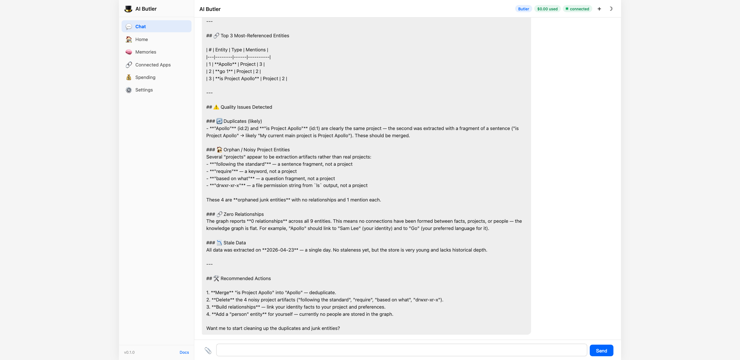 Agent returning memory stats: Top 3 most referenced entities (Sam Lee 6 connections, Sam's Team 4, Marcus Rivera 4), plus a 'Things Worth Noting' section flagging 4 real memory quality issues: duplicate identity (AC and Sam Lee as separate Person entities that should be merged), stale Go vs Rust preference, Project Apollo has only 1 observation and no relationships (orphan node), zero vector embeddings so semantic search is keyword-only, sessions not tracked in current stats schema. Closing offer: 'Want me to clean up the duplicate AC/Sam Lee entries and merge them?'