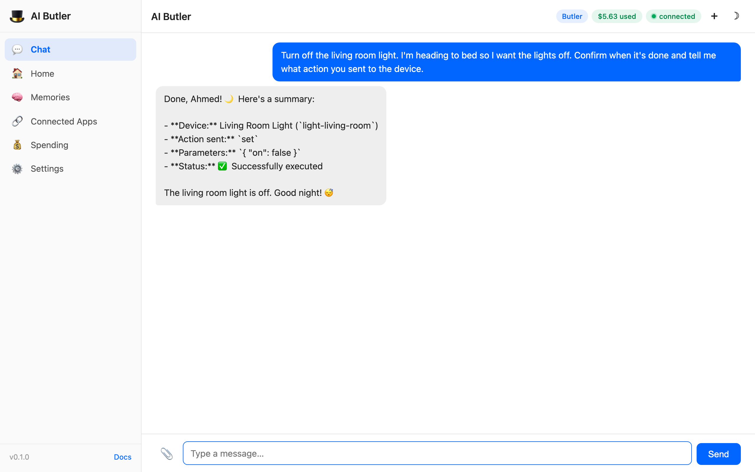 Agent response confirming the comfort-device action: Device: Living Room Light (light-living-room), Action sent: set, Parameters: {'on': false}, Status: Successfully executed (green check). Closing: 'The living room light is off. Good night! 👋'